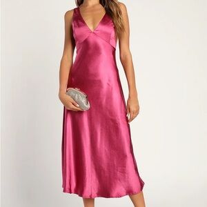 Lulus Incredible Love Magenta Satin Cowl Back Midi Slip Dress